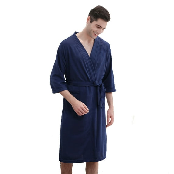 IYTR Mens Bathrobe Solid Color Shawl Collar Robe Waffle Thin Robe In Spring And Summer Navy XL