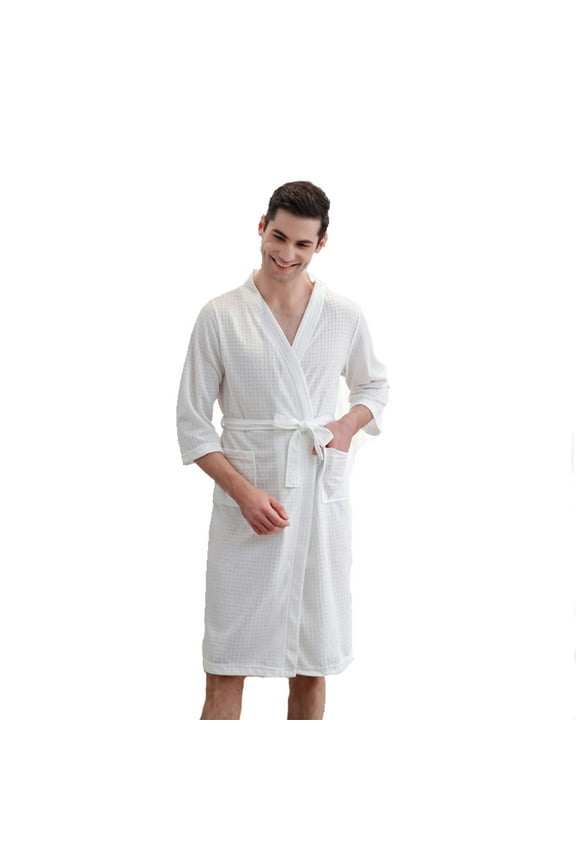 Mens Bathrobe Solid Color Shawl Collar Robe Waffle Thin Robe In Spring And Summer White M