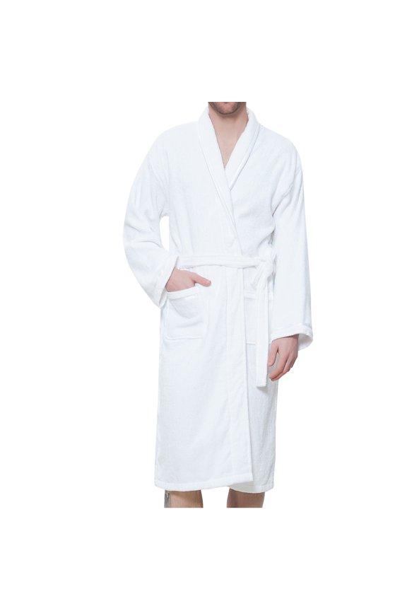 Mens Bathrobe Solid Color Shawl Collar Robe With Belt Pocket Knee Length Long Robe White L