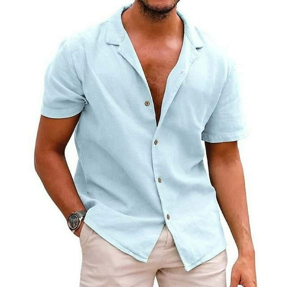 IYTR Mens Beach Shirt Summer Short Sleeve Button Down Shirts Casual Solid Color Lapel Vacation Tropical Shirts Sky Blue XXXL