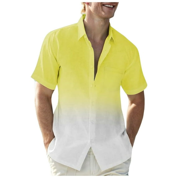 IYTR Mens Beach Shirts Casual Gradient Color Short Sleeve Summer T Shirts Button Up Lapel Fashion Hawaiian Vacation Shirts With Pocket Comfy Yellow XXXXL