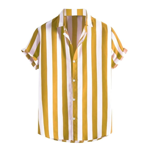 IYTR Mens Beach Shirts Casual Striped Comfy Short Sleeve Summer T Shirts Button-Up Turndown Collar Fashion Hawaiian Shirts Yellow XXL