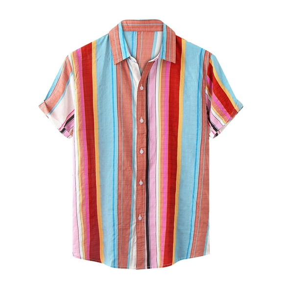 IYTR Mens Beach Shirts Short Sleeve T Shirts Comfy Button Down Turndown Collar Casual Stripe Color Matching Summer Fashion Tropical Hawaiian Vacation Shirts Blue XXXL