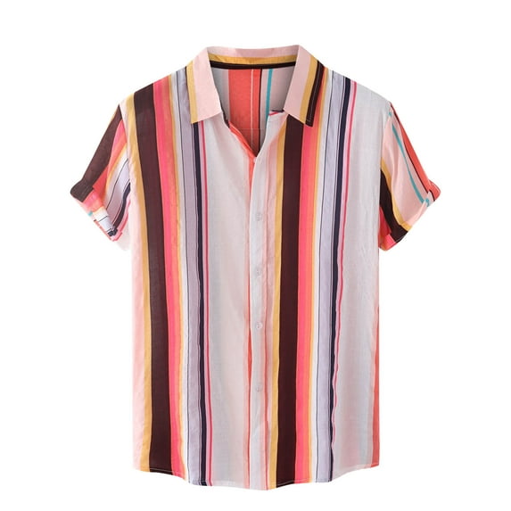 IYTR Mens Beach Shirts Short Sleeve T Shirts Comfy Button Down Turndown Collar Casual Stripe Color Matching Summer Fashion Tropical Hawaiian Vacation Shirts Red L