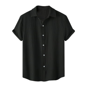 IYTR Mens Beach Shirts Solid Color T-shirts Short Sleeve Button Turndown Collar Shirts Comfy Linen Shirts Black M