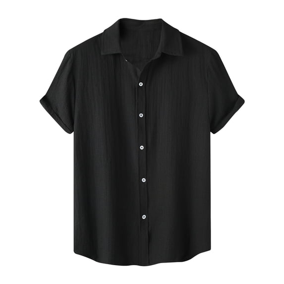IYTR Mens Beach Shirts Solid Color T-shirts Short Sleeve Button Turndown Collar Shirts Comfy Linen Shirts Black M