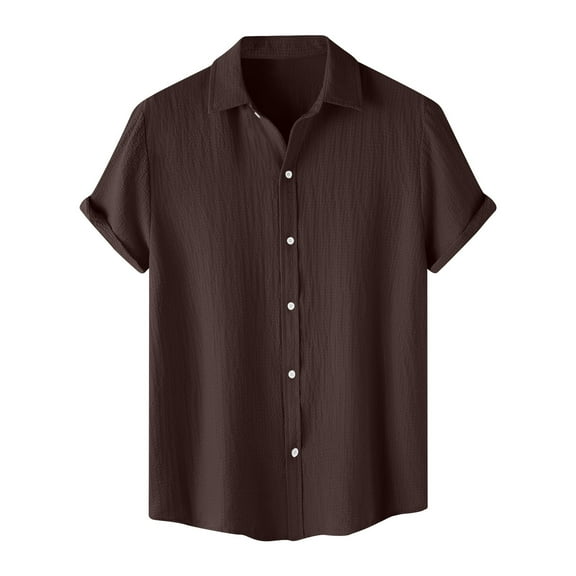 IYTR Mens Beach Shirts Solid Color T-shirts Short Sleeve Button Turndown Collar Shirts Comfy Linen Shirts Brown L