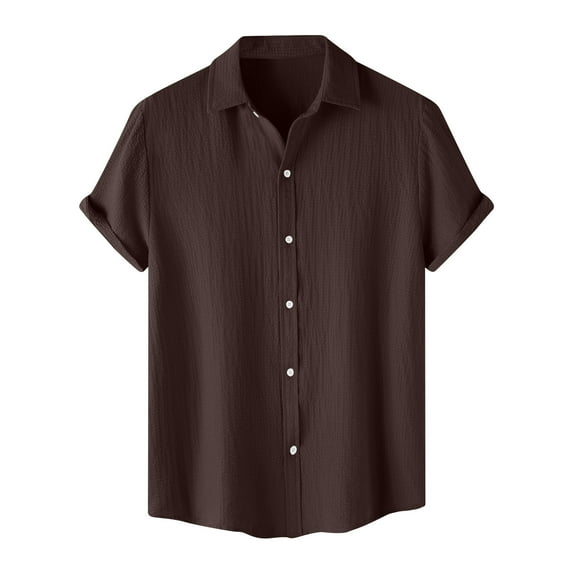 IYTR Mens Beach Shirts Solid Color T-shirts Short Sleeve Button Turndown Collar Shirts Comfy Linen Shirts Brown L