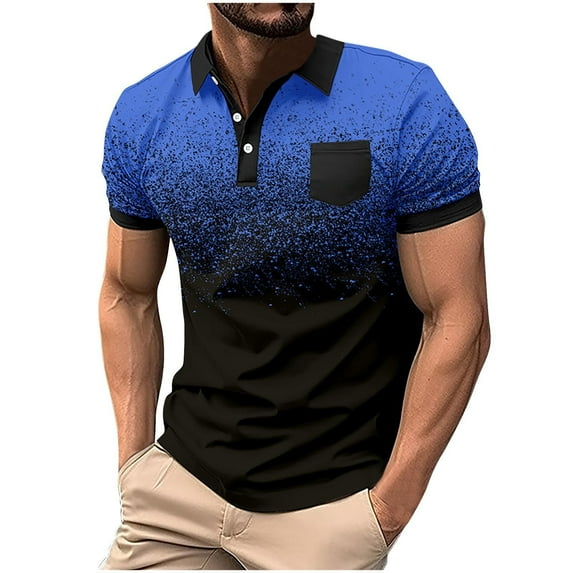 IYTR Mens Beach Shirts Stylish Workout Shirts Summer Fashion Gradient Color Short Sleeve T Shirts Casual Button-up Lapel Tee Shirts Dark Blue L