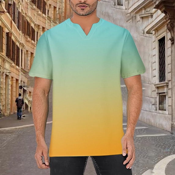 IYTR Mens Beach Shirts Summer Fashion Gradient Color Short Sleeve T Shirts Casual Pullover V Neck Tee Shirts Loose Sports Fitness Shirts Multicolor L