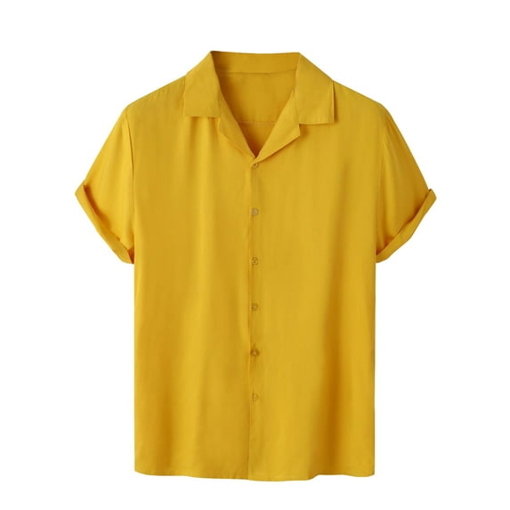 IYTR Mens Beach Shirts Summer Fashion Solid Color Short Sleeve T Shirts Button Up Lapel Relaxed Fit Hawaiian Vacation Shirts Casual Comfy Yellow XXXL