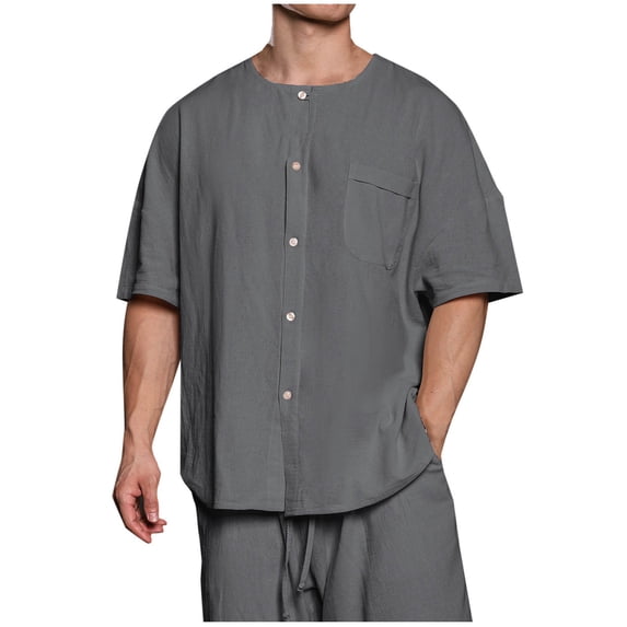 IYTR Mens Beach Shirts Summer Fashion Solid Color Short Sleeve T Shirts Casual Button-up Round Neck Tee Shirts Comfy Workout T Shirts with Pocket Dark Gray L