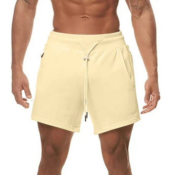 IYTR Mens Beach Shorts Casual Athletic Shorts Summer Solid Color Straight Shorts With Multi Pockets Drawstring Elastic Waist Shorts Beige M