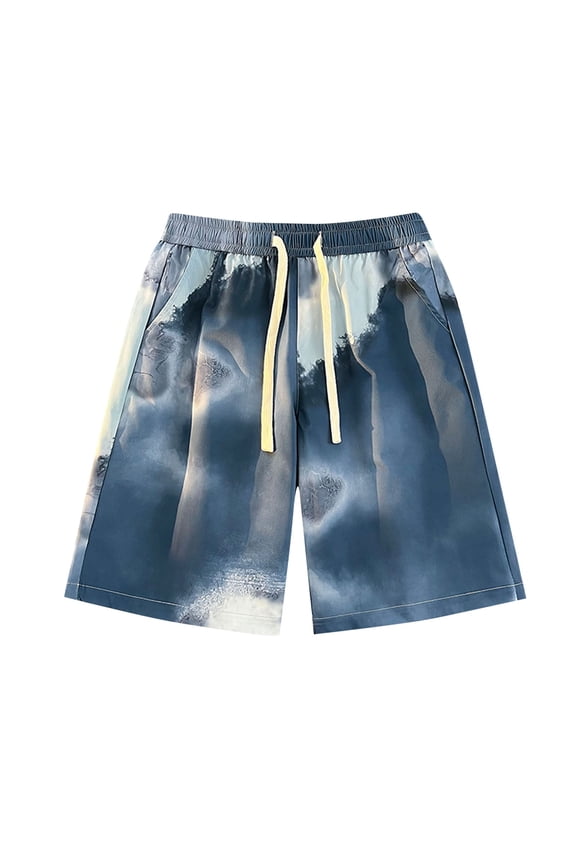 Mens Beach Shorts Summer Tie-Dye Drawstring Elastic Waist Shorts Wide Leg Shorts With Pocket Tropical Hawaiian Beach Shorts Dark Blue XXXXL