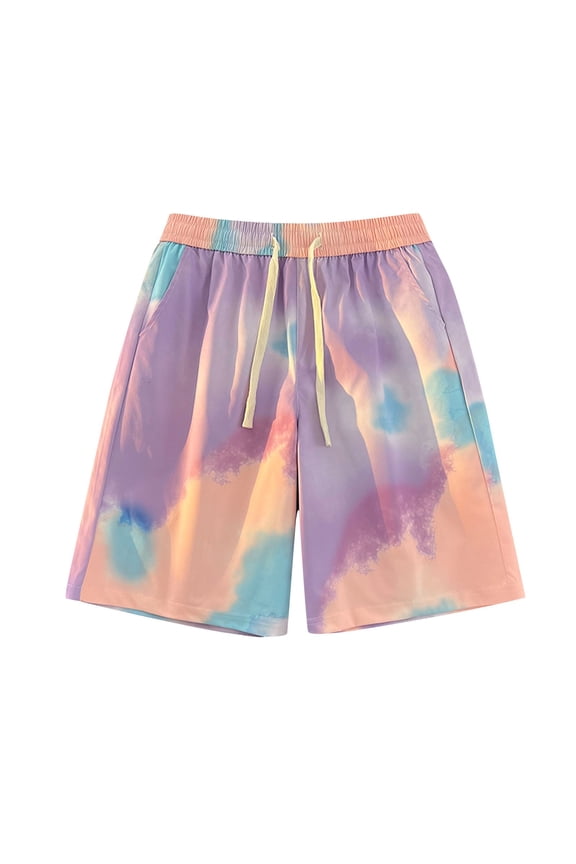 Mens Beach Shorts Summer Tie-Dye Drawstring Elastic Waist Shorts Wide Leg Shorts With Pocket Tropical Hawaiian Beach Shorts Pink L