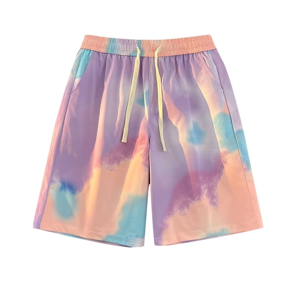 IYTR Mens Beach Shorts Summer Tie-Dye Drawstring Elastic Waist Shorts Wide Leg Shorts With Pocket Tropical Hawaiian Beach Shorts Pink XXXXL