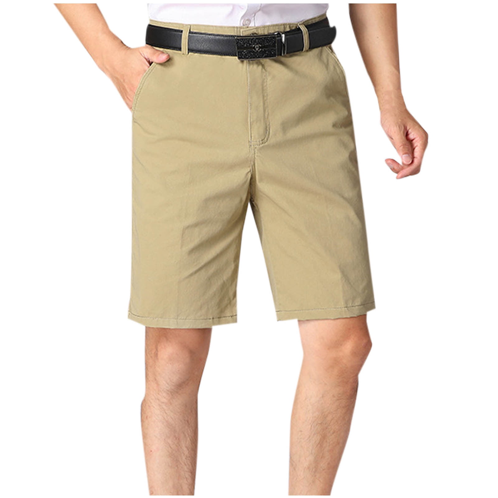 IYTR Mens Business Casual Shorts Casual Daily Work Shorts Button Zipper Rigid Waist Shorts Straight Shorts Multi Pocket Summer Solid Color Khaki XL