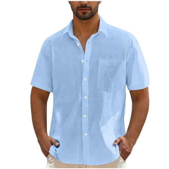 IYTR Mens Button Down Shirt Short Sleeve Casual Loose Lapel Shirt Summer Beach Wedding Work Office Dress Shirt (Sky Blue,M)