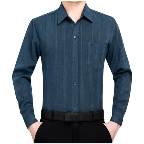 IYTR Mens Button Up Shirts Long Sleeve Cotton Linen Shirt Lapel Tshirts with Pocket Lightweight Solid Color Leisure Spring Clothes Loose Fit Shirt (Navy,M)
