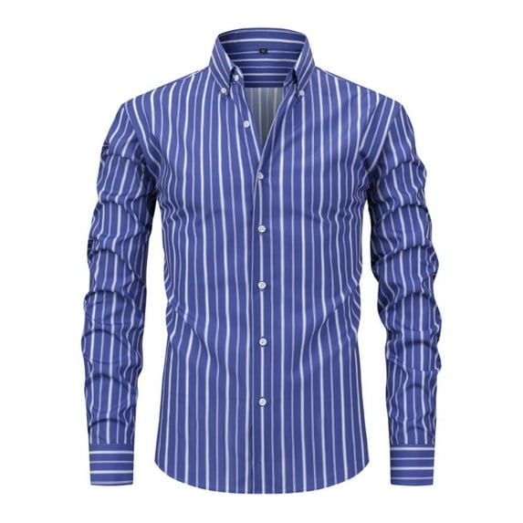 IYTR Mens Button Up Shirts Long Sleeve Striped Shirts Stylish Casual Lapel Prom Wedding Regular Fit Dress Shirts (Dark Blue,M)
