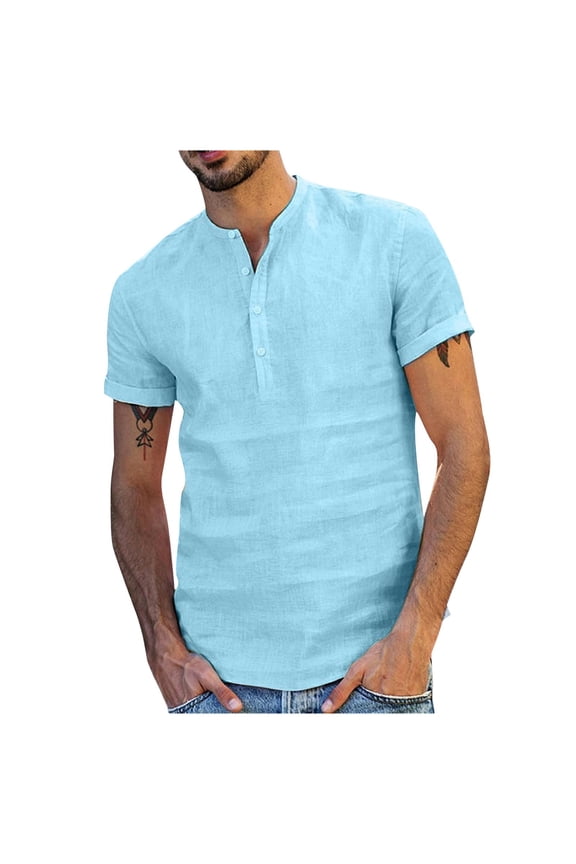 Mens Button Up Shirts Summer Solid Color Fashion Short Sleeve Shirts Round Neck Classic Comfortable Comfy