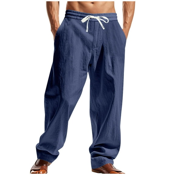 IYTR Mens Cargo Pants Drawstring Elastic Waist Straight Pants with Pocket Fashion Sweatpants Baggy Pants Solid Color Comfy Hiking Casual Trousers (Navy,M)