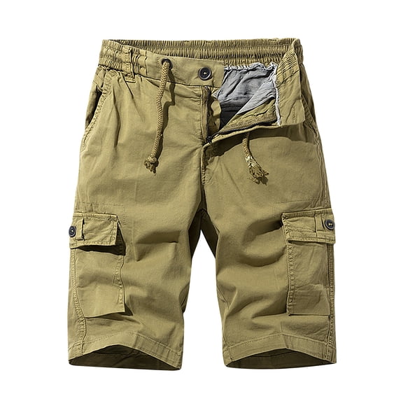 IYTR Mens Cargo Shorts Drawstring Elastic Waist Cargo Shorts Zipper Button Multi-Pockets Sport Shorts Solid Color Summer Workout Shorts Outdoor Hiking Shorts (Khaki,XL)