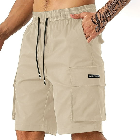 IYTR Mens Cargo Shorts Drawstring Elastic Waist Running Hiking Shorts Knee Length Casual Summer Clothes with Multiple Pockets (Beige,L)