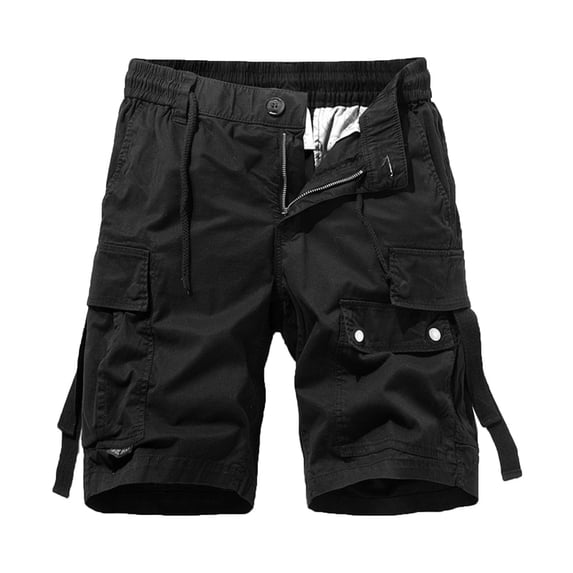 IYTR Mens Cargo Shorts Elastic Waist Zipper Button Cargo Shorts Sports Multi-Pockets Casual Outdoor Hiking Shorts Sweatpants Solid Color Athletic Shorts Summer Shorts (Black,M)