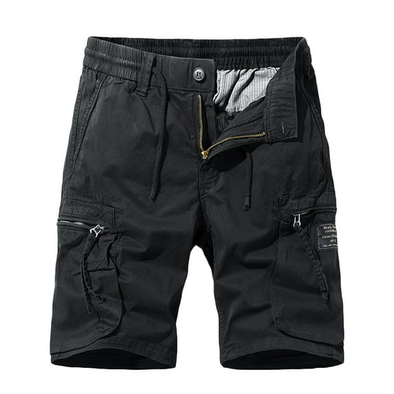 IYTR Mens Cargo Shorts Elastic Waist Zipper Button Sports Cargo Shorts Multi-Pockets Casual Solid Color Workout Shorts Outdoor Hiking Shorts Sweatpants Summer Shorts (Black,XXL)