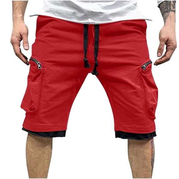 IYTR Mens Cargo Shorts Shorts Casual Workout Shorts Summer Solid Color Drawstring Elastic Waist Shorts Straight Shorts With Pocket Red L