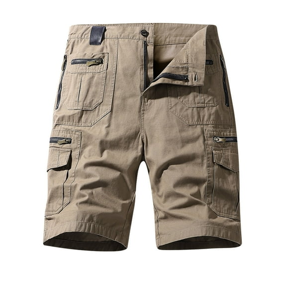IYTR Mens Cargo Shorts Zipper Button Plus Size Cargo Shorts Multi-Pockets Beach Shorts Casual Hiking Shorts Outdoor Solid Color Summer Workout Shorts (Brown,S)