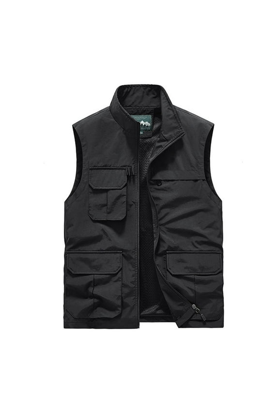 Mens Cargo Vest Sleeveless Jacket Zipper Stand-up Collar Coat Outdoor Photography And Sports Vest Jacket with Pocket Solid Color Black-A XL