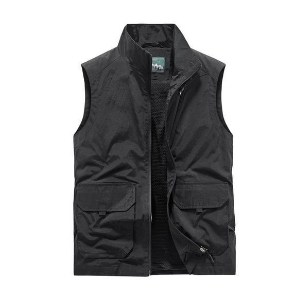 IYTR Mens Cargo Vest Sleeveless Jacket Zipper Stand-up Collar Coat Relaxed Outdoor Sport Vest Jacket with Pocket Solid Color Black XXXL
