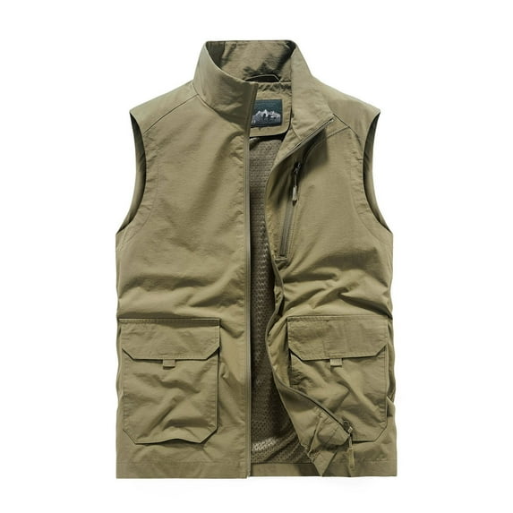IYTR Mens Cargo Vest Sleeveless Jacket Zipper Stand-up Collar Coat Relaxed Outdoor Sport Vest Jacket with Pocket Solid Color Khaki XXXXXL