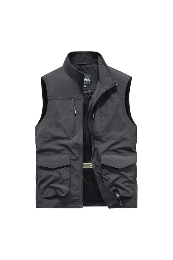Mens Cargo Vest Solid Color Sleeveless Jacket Zipper Stand-up Collar Coat Outdoor Photography And Sports Vest Jacket with Pocket Dark Gray-A XL