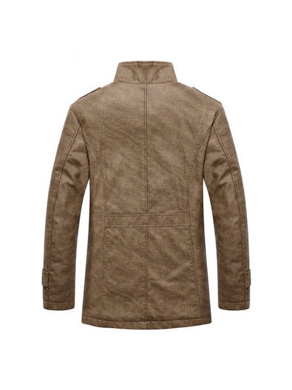 Mens Casual Coat Long Sleeve Jacket Button Up Stand-up Collar Thermal Leather Warm Jackets with Pocket Solid Color Khaki XXL