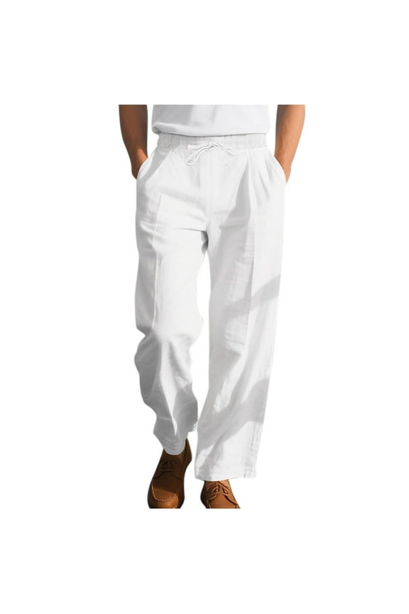 Mens Casual Dress Pants Elastic Waist Casual Linen Pants Beach Drawstring Pants Comfy Solid Color Trousers (White,M)
