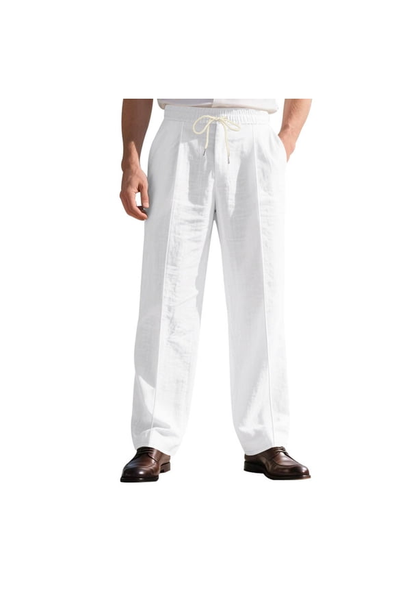 Mens Casual Dress Pants Elastic Waist Drawstring Breathable Baggy Pants Pleated Loose Work Trousers (White,L)
