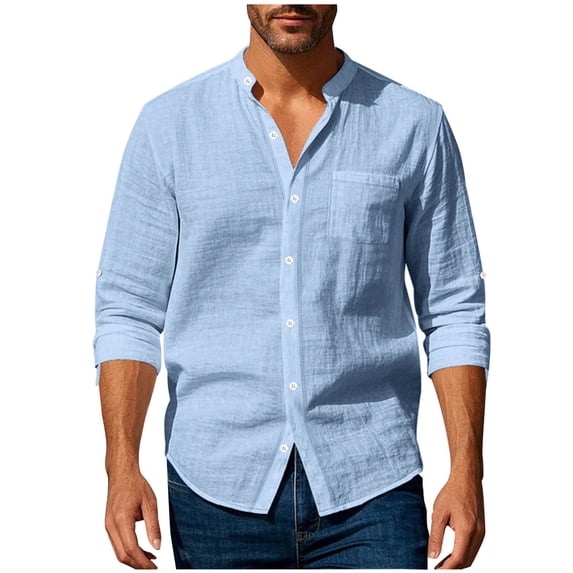 IYTR Mens Casual Long Sleeve Shirts Button Pocket Shirts V-Neck Leisure Loose Fit Spring Clothes Lightweight Solid Color Shirt (Light Blue,L)