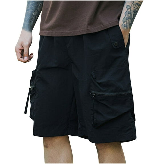 IYTR Mens Casual Shorts Drawstring Elastic Waist Zipper Pockets Cargo Pant Fashion Casual Classic Solid Color Short Pants Comfy Summer Baggy Pants Black M