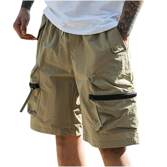 IYTR Mens Casual Shorts Drawstring Elastic Waist Zipper Pockets Cargo Pant Fashion Casual Classic Solid Color Short Pants Comfy Summer Baggy Pants Khaki XXXL