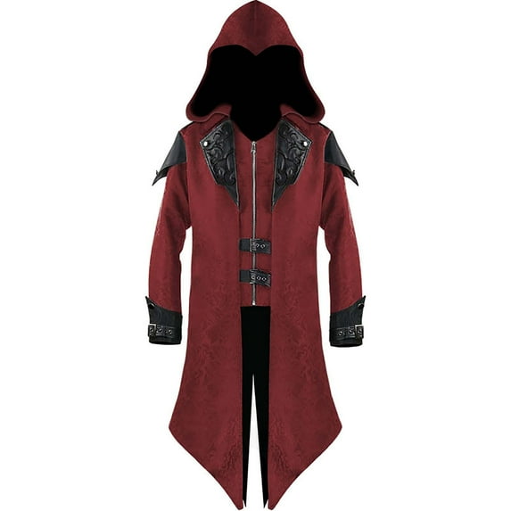 IYTR Mens Coat Medieval Dress Retro Cardigan Jacket Solid Color Zipper Hooded Neck Long Sleeve Jacket Red XXXXL