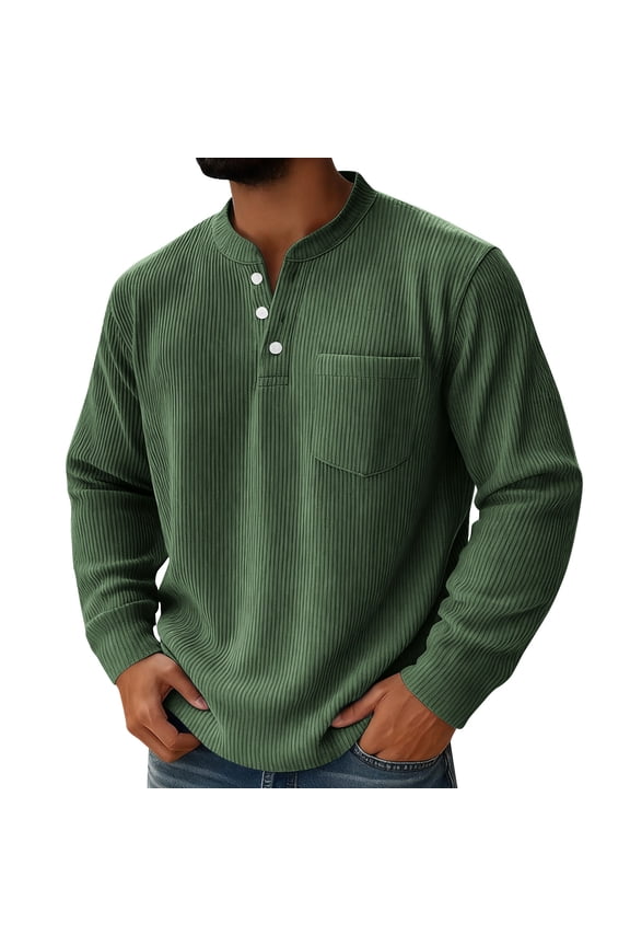 Mens Corduroy Shirts Long Sleeve Button Up Henley Shirt Loose Fit Business Casual Pullover Sweatshirts with Pocket (Army Green,S)