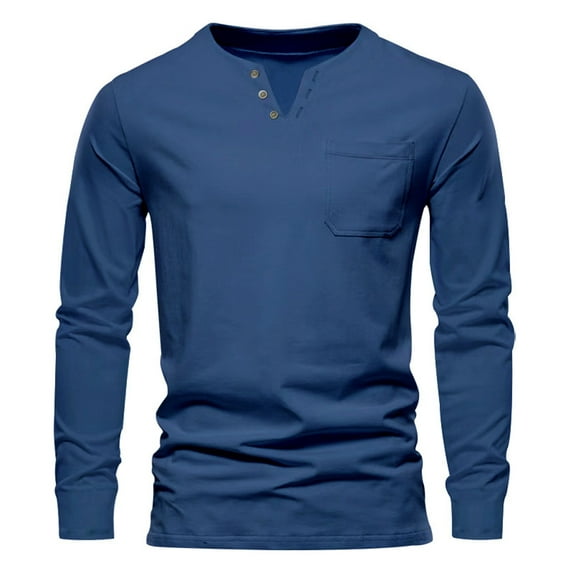 IYTR Mens Linen Shirts Fall/Winter Fashion Solid Color Long Sleeve Sweater Slim Fitness Athletic Tops Shirts Casual Button-Up V-Neck Blue M