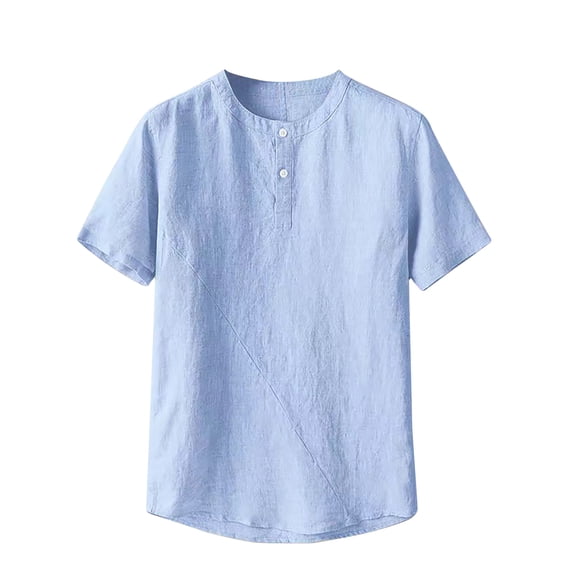 IYTR Mens Linen Shirts Short Sleeve T Shirts Fashion Pullovers Crewneck T-shirts Leisure Athletic Shirts Summer Solid Color Sky Blue XXXL