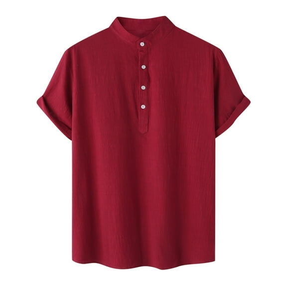 IYTR Mens Linen Shirts Summer Hawaiian Beach Vacation Shirts Casual Comfy Solid Color Fashion Short Sleeve T Shirts Button Up Stand Collar Wine XXL