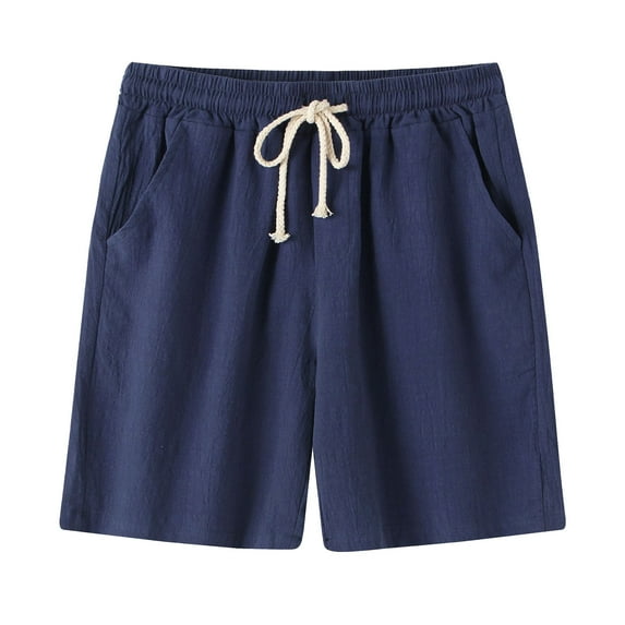 IYTR Mens Linen Shorts Solid Color Thin Mid-waist Shorts with Pockets Lightweight Summer Elastic Waist Drawstring Casual Five-point Sports Shorts Navy XXL