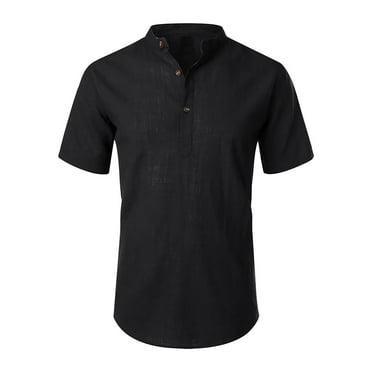 IYTR Mens Linen T Shirts Solid Color Comfy Button Up Stand Collar Casual Summer Short Sleeve T Shirts Tropical Beach Shirts Fashion Black XL