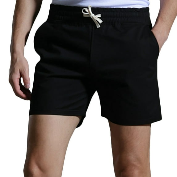 IYTR Mens Cotton Shorts Straight Shorts With Pocket Summer Solid Color Drawstring Elastic Waist Shorts Casual Outdoor Athletic Shorts Black L